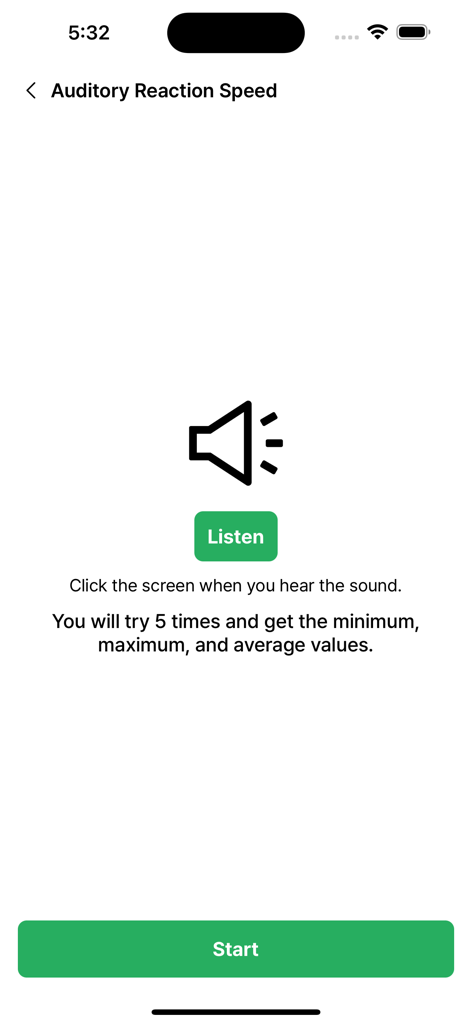 Reaction Speed Test - Prove it - Auditory reaction speed test screen with sound icon and start button