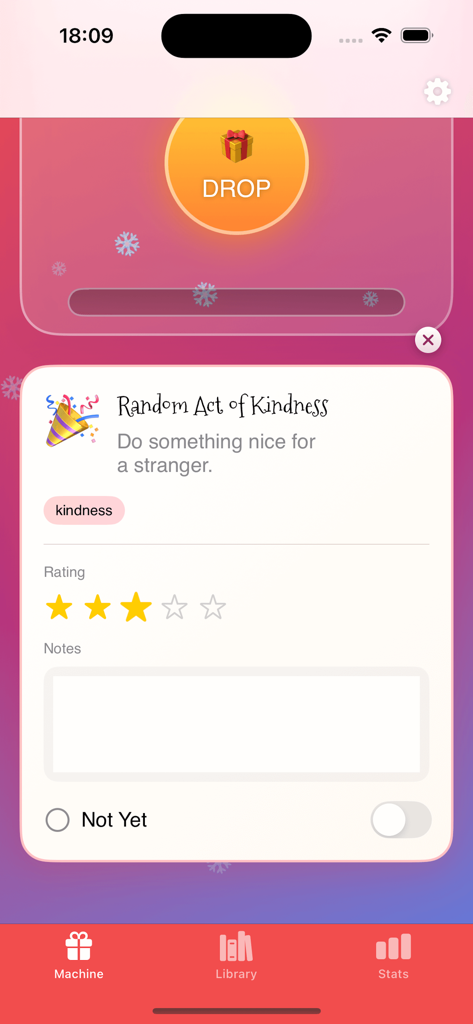 Interface of the Christmas CandyIdea app showing a surprise suggestion for a random act of kindness with rating and notes options.