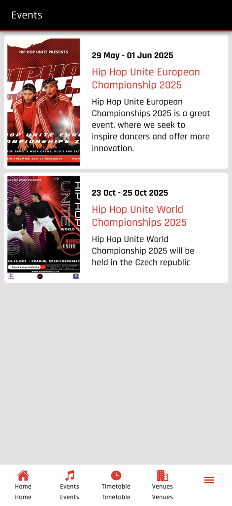 Events screen of the Hip Hop Unite app listing the 2025 European and World Championships.