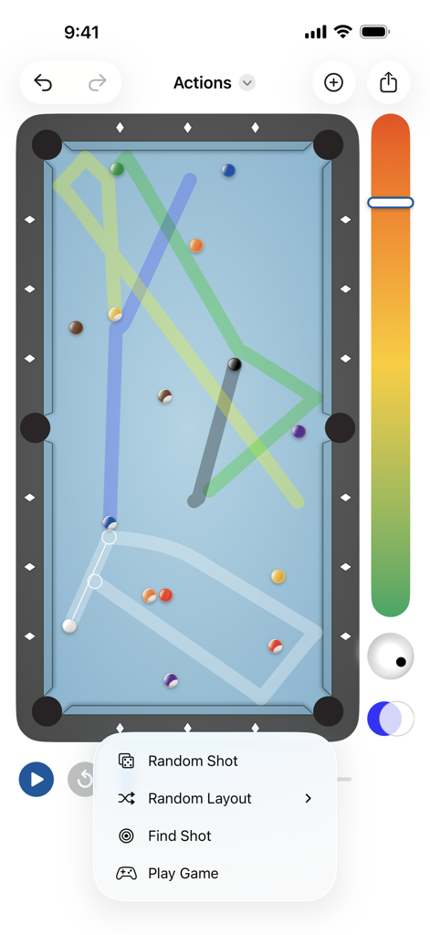Billiard Shot Studio - Interface do aplicativo Billiard Shot Studio com simulação de mesa de sinuca, trajetórias de tacadas e um menu de ações aberto