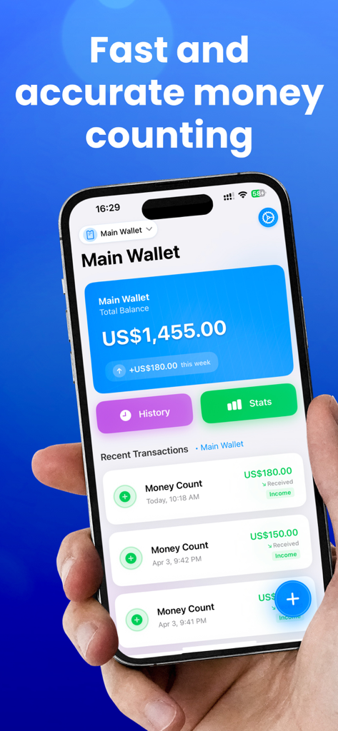 Money Counter Count Cash Coin - La schermata principale del portafoglio dell'app Money Counter che mostra un saldo totale di contanti di 1455 dollari e un elenco di transazioni recenti.