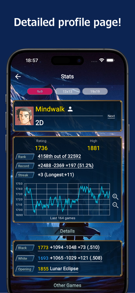 GoQuest - GoQuest app detailed profile screen showing player rating history and game statistics.
