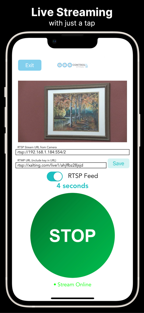 PTZControl Pro 2 by PTZOptics™ - iPhone interface of the PTZControl Pro 2 app showing live streaming settings with RTMP server configuration and a live camera feed preview