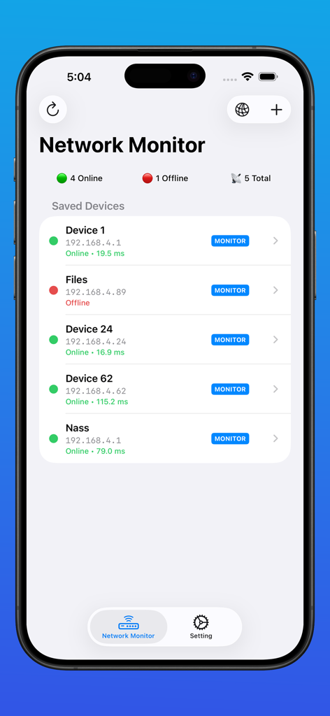 IP Monitoring Tool PingStation - Panel de control de la herramienta de monitoreo de IP PingStation que muestra una lista de dispositivos de red con sus direcciones IP y estado de latencia en tiempo real