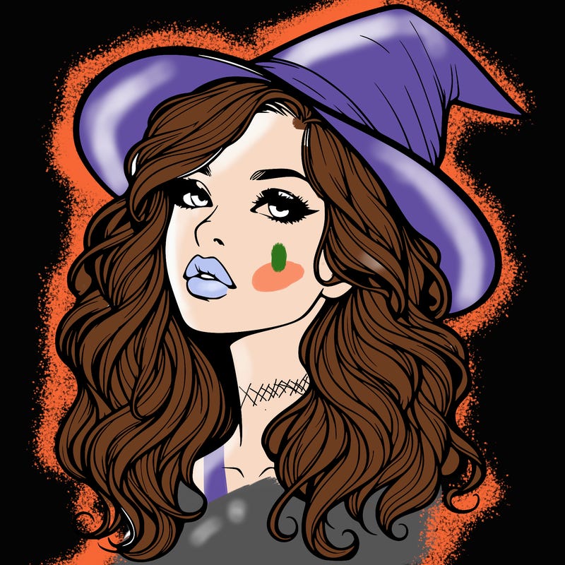 realistic witch girl with wavy hair and lips