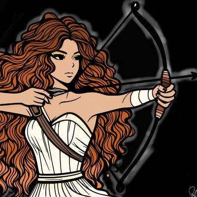 a woman with long messy curly hair using a bow to shoot arrow realistic