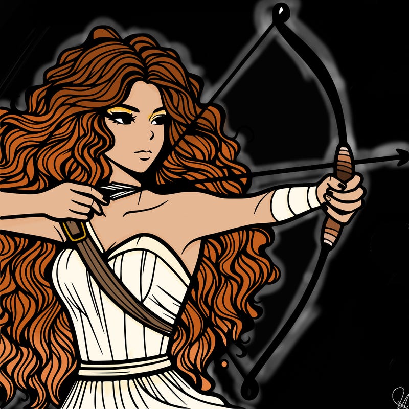 a woman with long messy curly hair using a bow to shoot arrow realistic