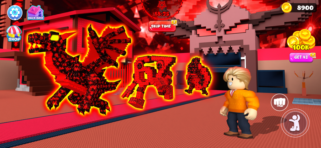 Get All Brainzot: Full Mod - Um personagem blocoso explorando um mundo 3D surreal com um dragão vermelho gigante