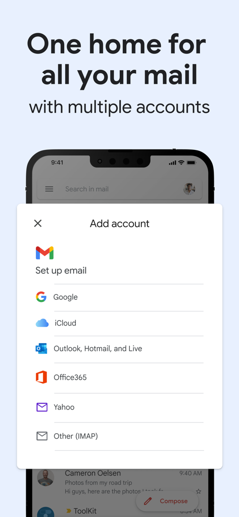 Gmail mobile app interface showing the Add account screen with options for Google iCloud Outlook and Yahoo