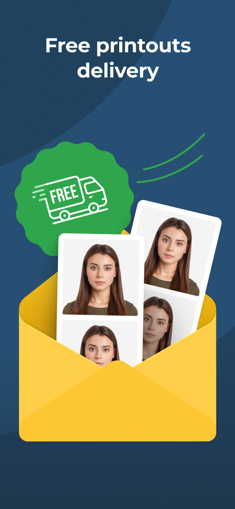 Passport Photo - PhotoAiD - Printed passport photos in a yellow envelope with a green free delivery badge