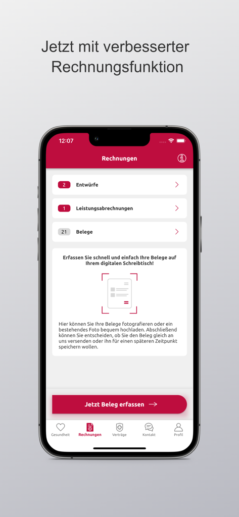 Un smartphone affichant l'interface de l'application Hallesche4u pour la gestion et la numérisation des reçus et factures d'assurance maladie.