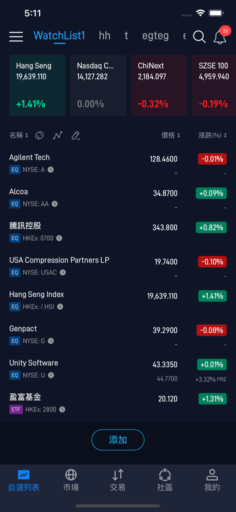 Pantalla de lista de seguimiento de la aplicación móvil Phillip HK POEMS que muestra precios e índices de acciones globales.