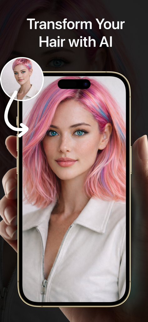 AI Hairstyle - Hair Color - A smartphone displaying an AI-generated hair color transformation from a short pink cut to a long pink and purple bob.