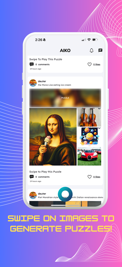 Feed social dell'app mobile AIKO che mostra arte generata dall'AI e funzionalità di gioco puzzle