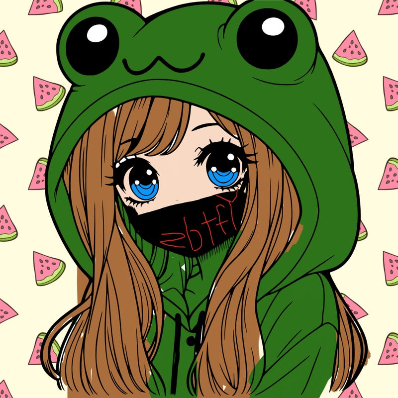 a pretty girl wearing a frog hoodie portrait with long hair