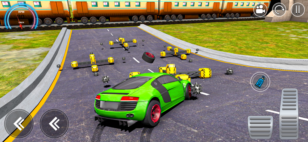 Mega Crashes - Car Crash Games - Green sports car driving through rotating obstacles and spiked balls in Mega Crashes car game