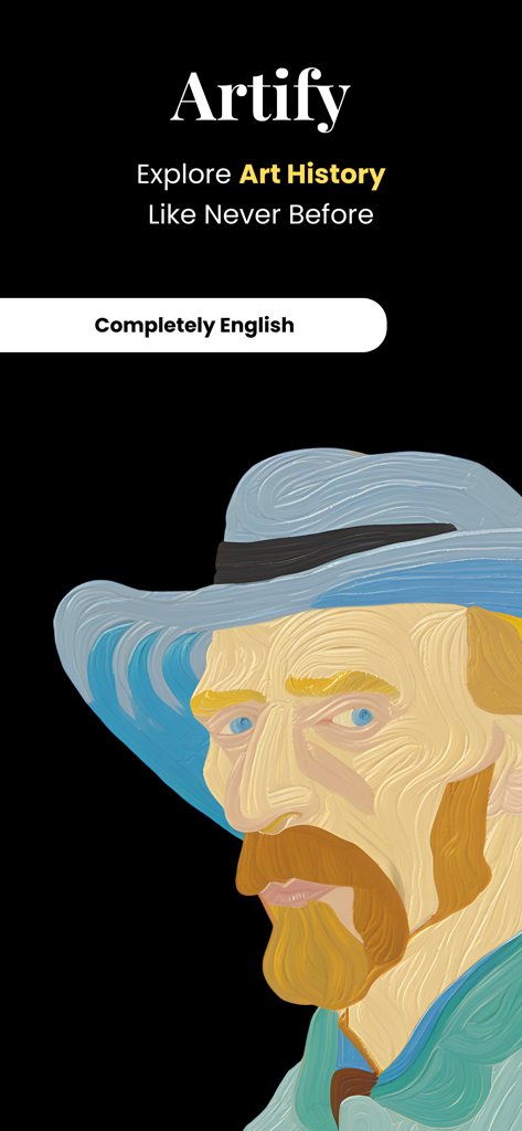 Art History & Museums - Artify - Pantalla de la aplicación Artify que muestra un retrato de alta resolución de Van Gogh y texto de historia del arte