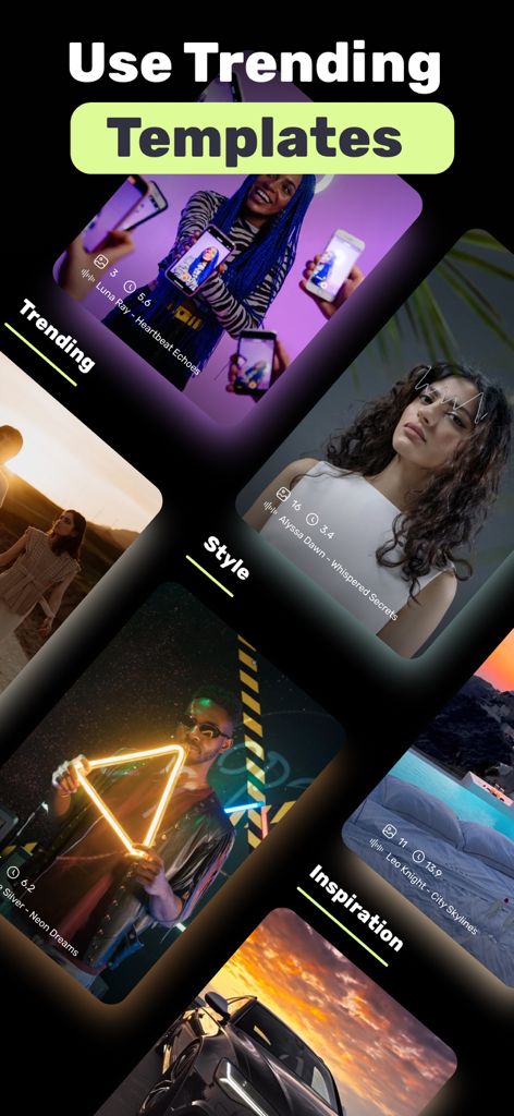 Reel Maker・AI Video Creator - A collection of trending video templates in the Reel Maker app featuring different aesthetic styles for social media content.