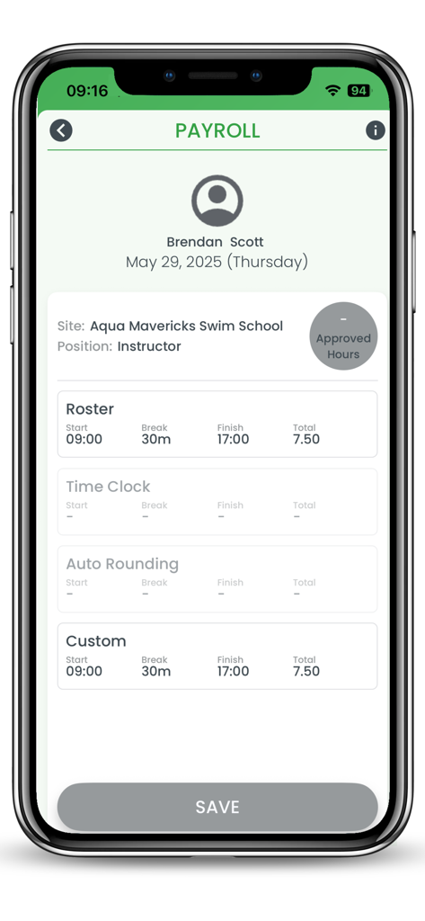 RosterElf app payroll screen showing employee shift details and approved hours