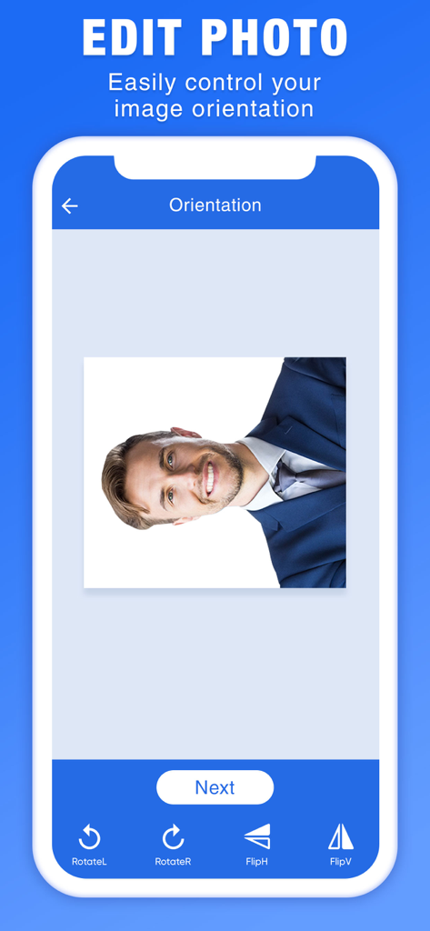 A mobile app screen showing options to rotate and flip a portrait for a passport photo.