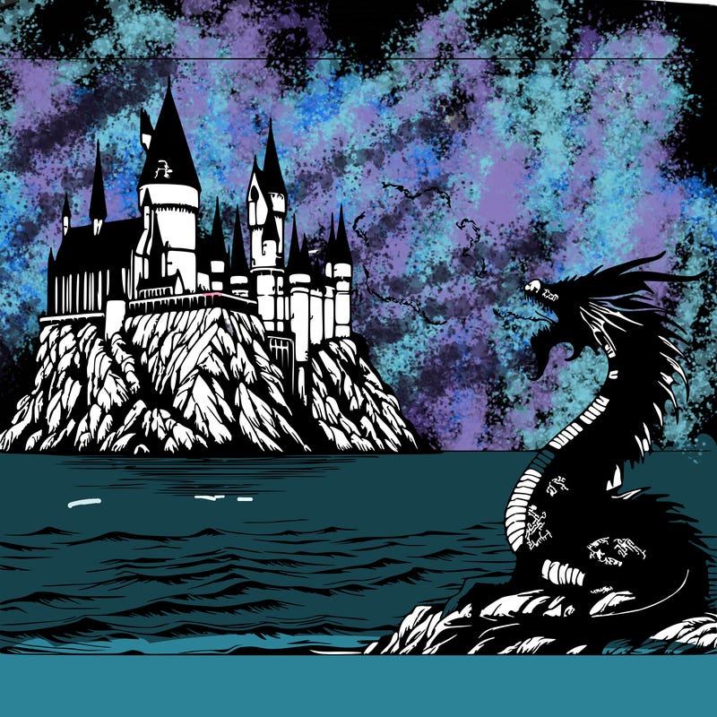 realistic harry potter castle around the ocean with a dragon breathing fire