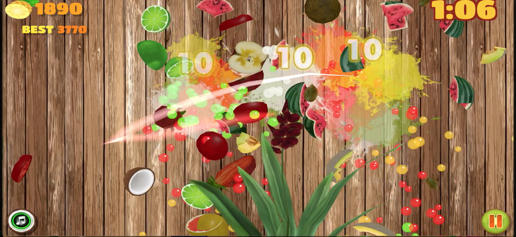 Juego lleno de acción de Easy Slice con frutas cortadas y salpicaduras de jugo de colores sobre un fondo de madera