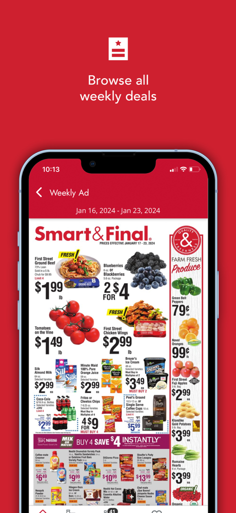 Smart and Final mobile app showing a digital weekly ad flyer with discounts on fresh produce meat and household groceries