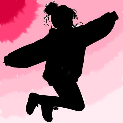 realistic girl jumping with a bun and oversized sweatshirt