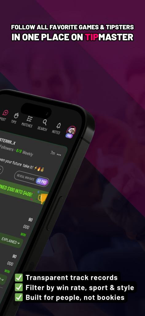 TipMaster AI - Interface do aplicativo TipMaster AI exibindo tipsters esportivos verificados e estatísticas de acompanhamento de desempenho.