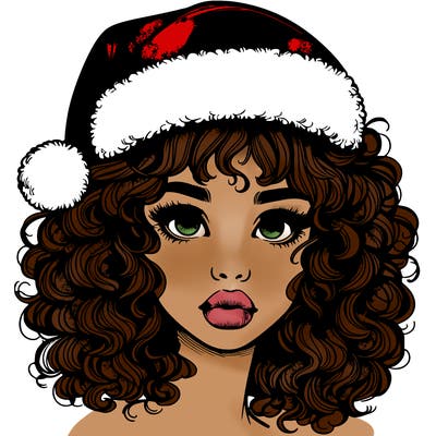 realistic girl with a santa hat curly hair and lips