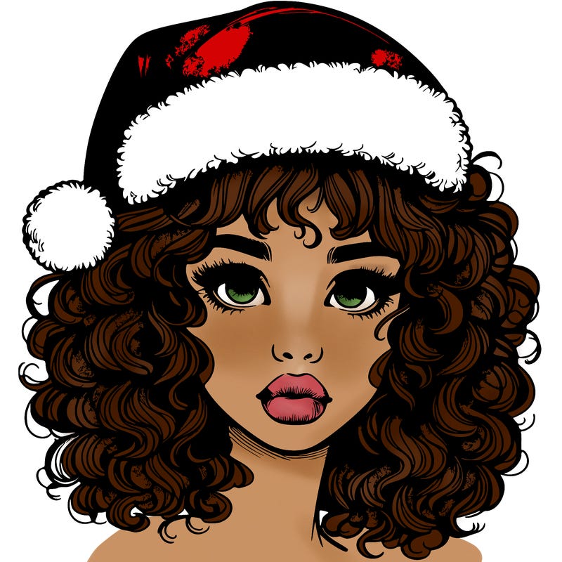 realistic girl with a santa hat curly hair and lips