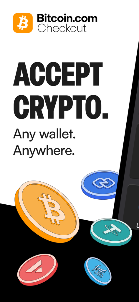 Bitcoin.com Checkout POS - Bitcoin.com Checkout POSアプリのプロモーショングラフィック。テキスト「どこでも、どのウォレットでも仮想通貨を受け付け」と様々な仮想通貨コインアイコンが表示されています。