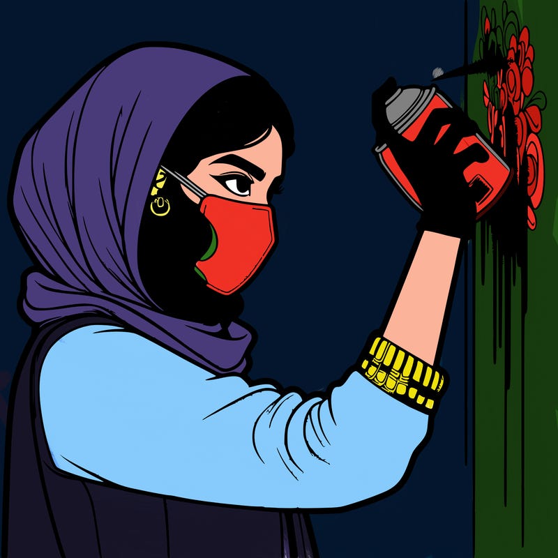 realistic girl with mask spray painting a wall