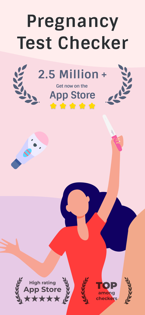 Promotional graphic for Pregnancy Test Checker app featuring a woman holding a positive test and app store ratings