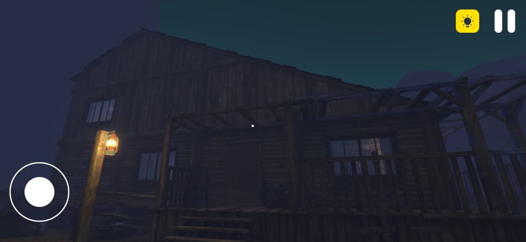 Anomalies Horror Detective - Uma casa de madeira assustadora à noite com uma lanterna acesa no jogo Anomalies Horror Detective.