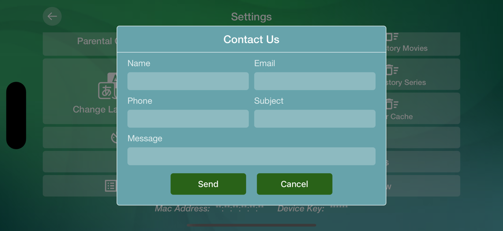 Vivo Player: Smart IPTV Player - Contact support form in the Vivo Player IPTV app