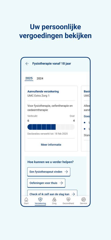 UnitedConsumers Zorg app interface showing physiotherapy insurance reimbursements and healthcare options