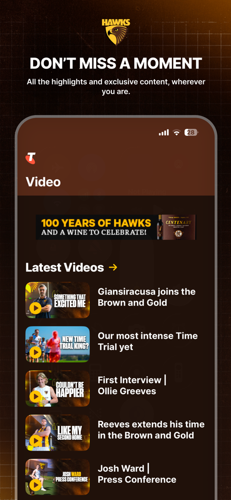 Una pantalla de la App Oficial de Hawthorn que muestra los últimos videos, resúmenes y entrevistas a jugadores.
