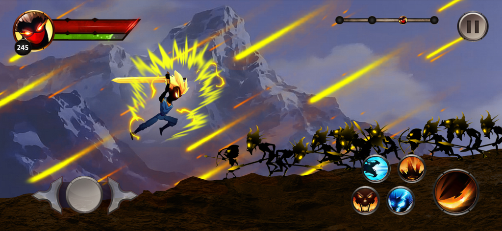 Guerreiro stickman pulando e atacando inimigos de sombra com espada dourada e efeitos de energia amarela