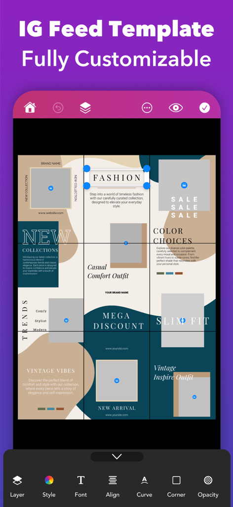 Customizable Instagram puzzle feed template for fashion brands on Griddy app interface