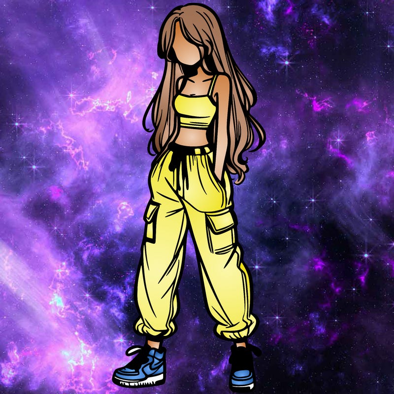 girl in baggy pants crop top and long hair