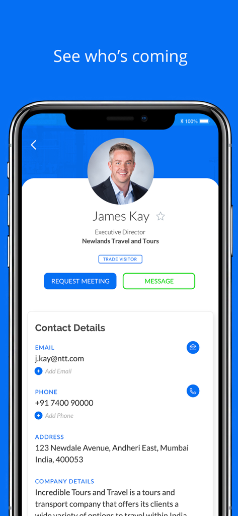 SnapCard - OTM BLTM Event App - Attendee profile view in the SnapCard app showing professional contact details and meeting request buttons