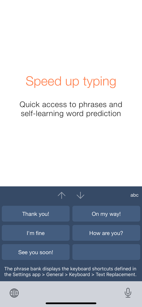 Teclado de accesibilidad de Keeble que muestra un banco de frases con botones grandes para acceso rápido a frases comunes
