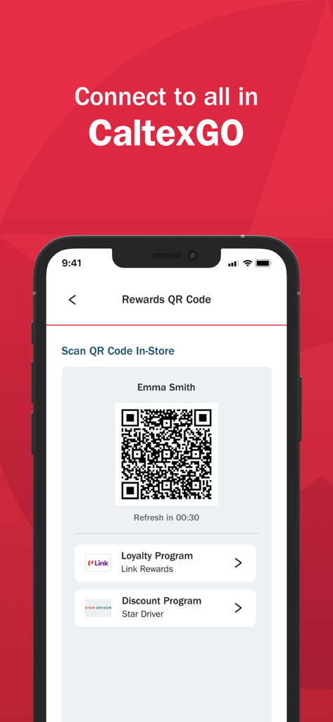 A mobile screen from the CaltexGO app displaying a rewards QR code for in-store scanning and linked loyalty programs.