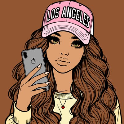 realistic beautiful girl wearing los ángeles cap holding an iphone