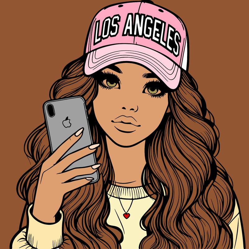 realistic beautiful girl wearing los ángeles cap holding an iphone