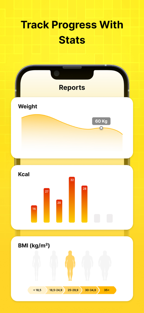 30 day Fitness Coach at home - The progress reports screen of the 30 day Fitness Coach app showing weight tracking calorie burn and BMI stats.