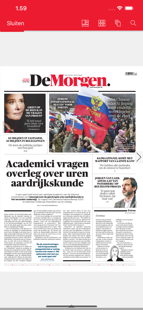 De Morgen Print Editie - Screenshot of the De Morgen newspaper front page in the mobile app replica view
