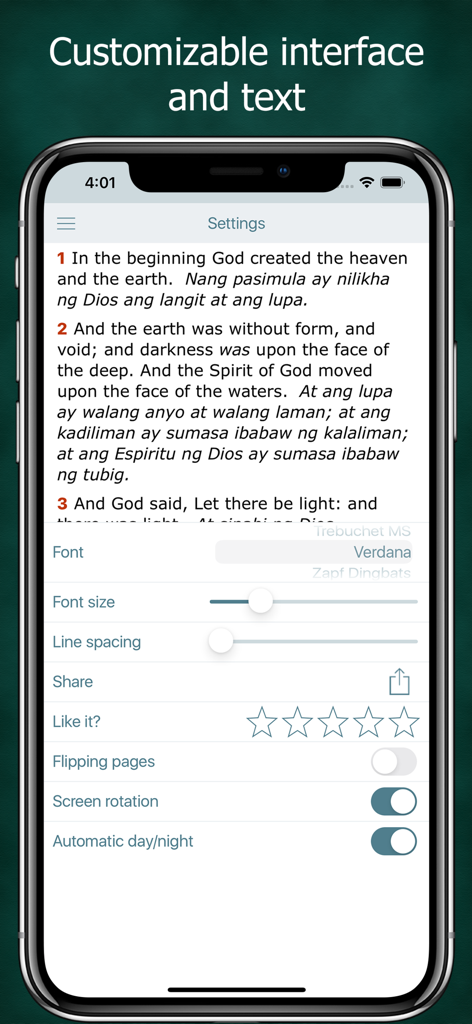 The settings interface of the Tagalog English Bible app featuring bilingual text and customization options.