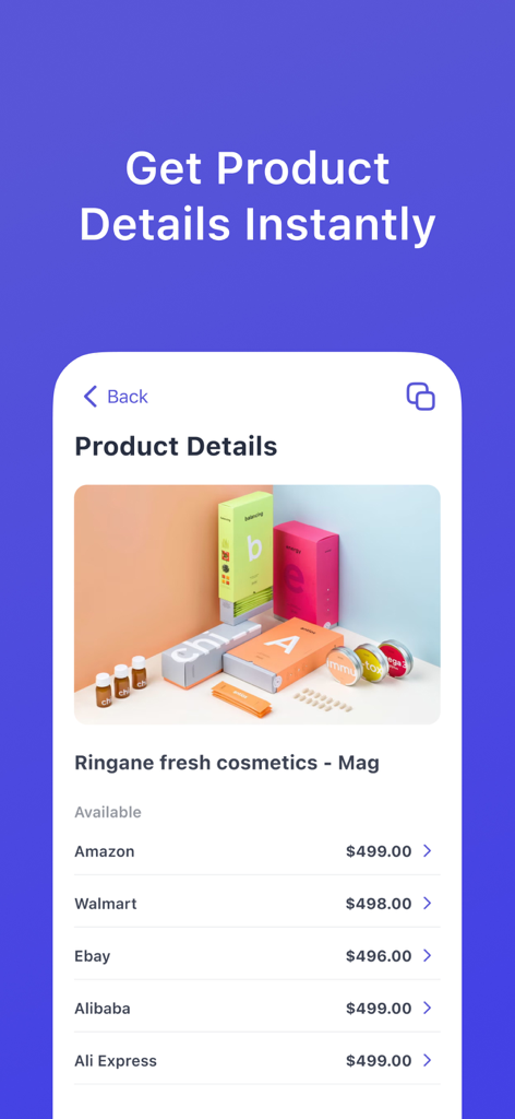 QR Code Pro: scan, generate - O aplicativo QR Code Pro mostrando detalhes do produto e comparação de preços entre varejistas como Amazon e Walmart.